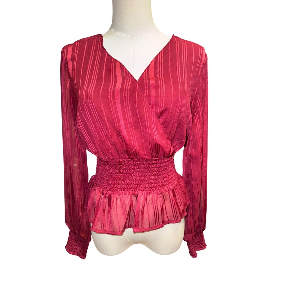 Japna Womens Berry Pink Metallic Striped Smocked Peplum Wrap Blouse XS